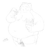  2023 anthro belly big_belly bottomwear clothing divinechub eyes_closed food generation_1_pokemon genitals hi_res male moobs navel nintendo nipples obese obese_male overweight overweight_male penis pokemon pokemon_(species) shorts simple_background snorlax solo 