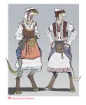  2022 anthro biped claws clothed clothing colored darbaras duo female green_body hat headgear headwear hi_res lizard male patreon patreon_logo pouch_(clothing) reptile scalie simple_background tail tan_body text toe_claws url 