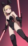  1girl am_(star_wars) animal_ears bare_shoulders black_gloves black_leotard black_thighhighs blonde_hair blunt_bangs blush bow bowtie breasts cleavage closed_mouth detached_collar dual_wielding dutch_angle earrings energy_sword fake_animal_ears frown gloves gradient_background highres hime_cut holding holding_lightsaber holding_sword holding_weapon jewelry jourd4n leotard lightsaber long_hair looking_at_viewer medium_breasts playboy_bunny purple_eyes rabbit_ears red_bow red_bowtie single_earring solo standing star_wars star_wars:_visions strapless strapless_leotard stud_earrings sword thighhighs weapon 