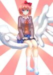 1girl artist_name blue_eyes blue_skirt bow breasts brown_jacket commentary disembodied_limb doki_doki_literature_club english_commentary full_body hair_between_eyes hair_bow highres jacket long_sleeves looking_at_viewer medium_breasts neck_ribbon open_clothes open_jacket red_bow red_hair red_ribbon ribbon sayori_(doki_doki_literature_club) school_uniform shoes short_hair sitting skirt smile socks solo sunburst sunburst_background takuyarawr uwabaki white_socks wing_collar 