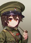  beiyang_army brown_hair china epaulettes genderswap genderswap_(mtf) hat hearts_of_iron high_collar highres huihuang_rongyao kaiserreich medal military_uniform peaked_cap red_eyes strap uniform world_war_ii zhang_xueliang 