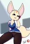  aggretsuko anthro canid canine cellphone clothing fantharubi female fennec fenneko fox hi_res legwear looking_at_viewer mammal open_mouth open_smile panties pantyhose phone sanrio sitting smartphone smile solo underwear upskirt 