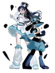  1girl blue_eyes blue_hair bow commentary_request crossover cure_white detached_sleeves dress earrings eyelashes frilled_dress frills futari_wa_precure hair_bow hair_ornament half_updo high_ponytail highres jewelry leg_warmers long_hair looking_at_viewer lucario magical_girl nani_(s2_nani) pokemon pokemon_(game) ponytail precure serious shorts shorts_under_dress simple_background solo standing white_background white_bow white_dress white_shorts yukishiro_honoka 