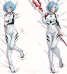  1girl ayanami_rei bident blue_hair bodysuit breasts brown_eyes commentary_request covered_navel dakimakura_(medium) highres impossible_bodysuit impossible_clothes lance_of_longinus_(evangelion) lying medium_breasts neon_genesis_evangelion nicomamu on_back plugsuit short_hair signature solo spanish_commentary white_bodysuit 