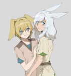  2others androgynous animal_ears blonde_hair blue_eyes blue_hair bright_pupils child commentary final_fantasy final_fantasy_xiv grey_background hand_on_another&#039;s_chest looking_at_viewer multiple_others niboshi_kom parted_lips rabbit_ears short_sleeves simple_background smile viera warrior_of_light_(ff14) white_pupils 