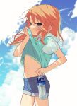  1girl bottle clothes_lift cloud cloud_background cloudy_sky highres holding holding_bottle hood hoodie idolmaster idolmaster_cinderella_girls idolmaster_cinderella_girls_starlight_stage idolmaster_cinderella_girls_u149 looking_at_viewer navel ogata_zen orange_hair purple_eyes shorts sky solo sweat wiping_face yuuki_haru 