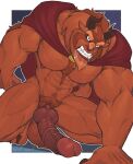  abs animal_genitalia animal_penis anthro balls beast_(disney) beauty_and_the_beast big_pecs big_penis bodily_fluids body_hair brown_body brown_fur brown_mane canine_genitalia canine_penis cape cape_only chest_hair chest_tuft clenched_teeth clothing disney drooling erection fangs fur genitals hi_res horn male mane monster mostly_nude muscular muscular_anthro muscular_male nipples nude pecs penis pubes saliva sharp_teeth signature solo teeth tuft wolf-con-f 