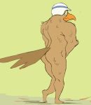  anthro avian beak bird brown_body brown_feathers butt camp_lazlo cartoon_network covering covering_crotch crimenes embarassed_nude_male embarrassed feathers owl owl_cop_(camp_lazlo) police_helmet 