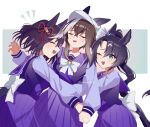  3girls animal_ears black_hair bow bowtie breasts brown_hair cheval_grand_(umamusume) closed_eyes girl_sandwich green_eyes hat highres horse_ears horse_girl horse_tail hug kitasan_black_(umamusume) long_hair long_sleeves multicolored_hair multiple_girls notice_lines one_eye_closed open_mouth ponytail purple_skirt purple_sleeves raised_eyebrows renma_(renma_0503) sailor_collar sandwiched satono_crown_(umamusume) school_uniform short_hair sideways_mouth skirt small_breasts streaked_hair sweatdrop tail tail_through_clothes tracen_school_uniform twitter_username umamusume watermark white_headwear 