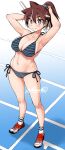  1girl adjusting_hair amano_megumi amano_megumi_wa_suki_darake! armpits bikini blue_eyes blush breasts brown_hair cleavage headband looking_at_viewer navel nekoguchi ponytail shoes smile sneakers socks solo striped striped_bikini swimsuit white_socks 