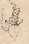  2023 anthro blokfort bottomless bottomwear breasts clothed clothing clothing_lift dress female fur genitals hair hat headgear headwear hi_res mammal monochrome oktoberfest pussy rodent sciurid simple_background sketch skirt skirt_lift smile solo teeth tree_squirrel 