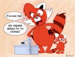  ailurid ambiguous_gender angry anthro beauty_mark bitsofjam bodily_fluids dialogue disney embarrassed english_text female fur group human looking_down mammal meilin_lee_(turning_red) ming_lee_(turning_red) pixar red_body red_fur red_panda size_difference sweat text trio turning_red 