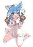  1girl absurdres animal_ear_fluff animal_ears animal_hands aoi_tori barefoot blue_eyes blue_hair blush drawstring fake_animal_ears fang female_child flat_chest full_body gloves hands_up highres hood hoodie legs long_sleeves looking_at_viewer on_floor open_mouth original paw_gloves short_hair sidelocks sitting skin_fang solo teru-chan_(aoi_tori) thighs wariza white_background white_hoodie wolf_ears 