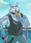  1boy absurdres against_railing animal_ears bara black_tank_top blue_sky can cloud cloudy_sky collar denim dislyte drink ear_piercing english_commentary eyewear_on_head fangs food freddy_(fenrir)_(dislyte) furry furry_male highres holding holding_can holding_drink holding_food holding_popsicle jeans licking looking_at_viewer male_focus multiple_scars ocean pants piercing popsicle railing sacorxi scar scar_across_eye scar_on_arm scar_on_face scar_on_mouth sky tail tank_top tongue tongue_out torn_clothes wolf_boy wolf_ears wolf_tail yellow_eyes 