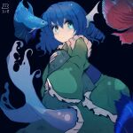  1girl animal bangs blue_eyes blue_hair closed_mouth dated drill_hair fish green_kimono hair_between_eyes head_fins japanese_clothes kimono long_sleeves maaru_(akira428) mermaid monster_girl obi one-hour_drawing_challenge sash short_hair signature solo touhou wakasagihime wide_sleeves 