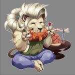  1boy bara bowl cancerdoge chibi claws closed_eyes dislyte english_commentary fangs food furry furry_male green_jacket grey_background hair_tie heart holding holding_food jacket javid_(shamash)_(dislyte) lion_boy lion_tail male_focus mane meat muscular muscular_male sleeveless sleeveless_jacket solo tail 