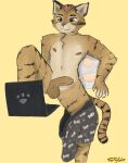  anthro balls chilling clothed clothing computer domestic_cat erection felid feline felis filip_mialczynski foreskin forfigssake_(artist) front_view genitals hi_res home laptop looking_at_computer looking_at_laptop looking_at_object male mammal nipples nude partially_clothed penis pillow pracuj_pl resting simple_background slight_smile solo spread_legs spreading tabby_cat tail underwear underwear_down yellow_background 