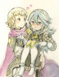  1boy 1girl 7mmnote blonde_hair blue_hair blush carrying couple fire_emblem fire_emblem_fates heart hetero highres open_mouth princess_carry siegbert_(fire_emblem) soleil_(fire_emblem) traditional_media 