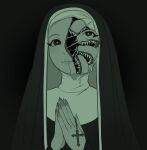  1girl absurdres black_background body_horror churaghost cracked_skin cross habit highres horror_(theme) long_hair looking_at_viewer monochrome original praying rosary simple_background solo teeth traditional_nun upper_body 