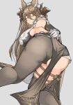  1girl animal_ears armpits ass bent_over blush breasts brown_hair brown_horns closed_eyes closed_mouth detached_sleeves dress dutch_angle extra_ears facing_viewer feet_out_of_frame frilled_sleeves frills from_behind galleon_(granblue_fantasy) gloves granblue_fantasy grey_background hair_between_eyes horns large_breasts long_hair mika_(gbf) pantylines pointy_ears sideboob simple_background solo white_gloves 