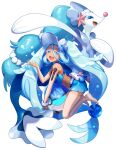  1girl :d aqua_hair ball beachball blue_eyes colored_eyelashes commentary_request crossover eyelashes gloves hair_between_eyes hand_up hatsune_miku holding kamuinii long_hair looking_at_viewer open_mouth pokemon pokemon_(creature) primarina project_voltage single_glove smile swimsuit tan tanlines teeth tongue twintails upper_body upper_teeth_only visor_cap vocaloid white_background 