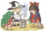  3girls animal apron black_footwear black_hair black_headwear black_vest blonde_hair bow cat closed_mouth curly_hair dog_tail frilled_apron frills green_hair hair_bow hair_tubes hakurei_reimu hand_fan hat hat_bow holding holding_fan horns inuno_rakugaki kariyushi_shirt kirisame_marisa komano_aunn long_hair long_sleeves multiple_girls paper_fan red_bow red_eyes red_shirt shirt shoes sidelocks single_horn smile socks tail tongue tongue_out touhou uchiwa vest waist_apron white_apron white_bow white_socks witch_hat yellow_eyes 