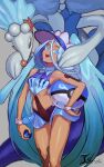  1girl absurdres ball beachball blue_eyes blue_hair colored_eyelashes commentary_request dark-skinned_female dark_skin dive_ball hand_on_own_hip hatsune_miku highres korean_commentary long_hair looking_at_viewer open_mouth piano_print poke_ball pokemon pokemon_(creature) primarina project_voltage swimsuit tan ttt_(titatuem) twintails very_long_hair visor_cap vocaloid water_miku_(project_voltage) zipper_pull_tab 
