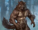  2023 abs anthro areola artist_name biceps biped body_hair brown_body brown_fur canid canine crotch_tuft digital_media_(artwork) eyebrows featureless_crotch fur happy_trail hi_res male mammal muscular muscular_anthro muscular_male muscular_thighs navel nipples nude open_mouth open_smile pecs quads smile solo tail tan_body tan_fur taran_fiddler teeth thick_thighs tongue tongue_out tuft vein veiny_muscles were werecanid werecanine werewolf whiskers 