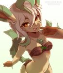  2023 5_fingers anthro anthrofied bottomwear breasts brown_eyes clothed clothing coffeechicken eeveelution female fingers generation_4_pokemon hair hi_res humanoid_hands leafeon long_hair looking_at_viewer midriff nintendo pattern_clothing pokemon pokemon_(species) pokemorph simple_background slim solo tail tongue tongue_out topwear yellow_body 