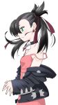  1girl black_choker black_hair black_jacket choker dress earrings emapippi green_eyes highres jacket jewelry marnie_(pokemon) off_shoulder pink_dress pokemon pokemon_(game) pokemon_swsh profile twintails white_background 