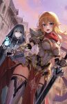  2girls absurdres arm_guards armor armored_boots black_gloves blonde_hair blue_eyes blue_fire blurry blurry_background blush book boots breastplate breasts building cloak closed_mouth cloud colored_inner_hair commentary contrapposto cowboy_shot dutch_angle elf english_commentary evening faulds fingerless_gloves fire fireball floating_hair gauntlets glint gloves grey_cloak grey_hair hair_between_eyes highres holding holding_book holding_sword holding_weapon hood hooded_cloak kokukyukeo large_breasts light_particles long_hair looking_at_viewer multicolored_hair multiple_girls open_mouth original outdoors pauldrons pelvic_curtain pointy_ears shoulder_armor smile solo_focus standing sword teeth thigh_boots thigh_strap upper_teeth_only waist_cape weapon white_hair 