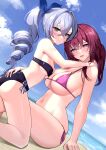  2girls absurdres bikini blue_sky blush breasts drill_hair grey_eyes grey_hair highres honkai:_star_rail honkai_(series) kafka_(honkai:_star_rail) large_breasts long_hair looking_at_viewer marumai multiple_girls ocean purple_bikini purple_eyes purple_hair silver_wolf_(honkai:_star_rail) sky small_breasts smile swimsuit tagme 