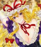  1girl alto2019 blonde_hair bow breasts cleavage dress elbow_gloves frilled_dress frills gloves hair_bow hat hat_ribbon highres long_hair marker_(medium) mob_cap neck_ribbon puffy_short_sleeves puffy_sleeves purple_dress purple_eyes red_bow red_ribbon ribbon sample_watermark short_sleeves solo touhou traditional_media watermark white_gloves white_headwear yakumo_yukari 