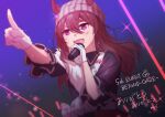  1girl animal_ears beanie black_jacket blurry bokeh botantouki brown_hair collared_jacket concert depth_of_field diffraction_spikes ears_through_headwear feather_boa gloves grey_headwear hat highres holding holding_microphone horse_ears jacket long_hair microphone nakayama_festa_(umamusume) open_mouth outstretched_arm pointing purple_eyes smile solo splendor_of_onyx_(umamusume) sweat translation_request umamusume upper_body white_gloves 