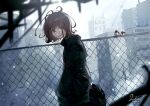  1girl bag bird black_hoodie broken_fence brown_eyes brown_hair building chain-link_fence city closed_mouth dated day fence hands_in_pockets highres hood hood_down hoodie long_sleeves looking_at_viewer man015s messy_hair original outdoors short_hair signature solo sparrow 