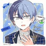  1boy aoyagi_touya blue_hair border character_name coffee_cup commentary cup dark_blue_hair dated disposable_cup earrings grey_eyes hair_between_eyes hitopm jewelry lapels looking_at_viewer male_focus mole mole_under_eye multicolored_hair open_mouth plaid project_sekai short_hair single_earring solo turtleneck two-tone_hair white_border 