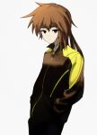  1other androgynous atoymk black_headband black_track_suit brown_eyes brown_hair closed_mouth cowboy_shot hands_in_pockets headband highres kurohebi len&#039;en long_sleeves other_focus short_hair simple_background solo track_suit white_background zipper_pull_tab 