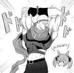  1boy 1girl absurdres animal_ears armpits arms_up battle_tendency belt belt_buckle blush buckle chibi chibi_inset commentary_request cosplay cosplay_request elbow_gloves emphasis_lines fingerless_gloves gloves goom_(goomyparty) greyscale hair_between_eyes hamon highres horse_ears jojo_no_kimyou_na_bouken joseph_joestar joseph_joestar_(young) joseph_joestar_(young)_(cosplay) midriff monochrome navel pants parted_lips shirt simple_background sleeveless sleeveless_shirt smart_falcon_(umamusume) t-head_trainer trainer_(umamusume) translation_request twintails umamusume white_background |_| 