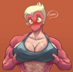  2023 abs amphibia_(series) amphibian animal_humanoid anthro big_breasts black_clothing black_topwear blonde_hair blush breasts clothed clothing digital_media_(artwork) disney english_text female general_yunan hair hi_res holding_breast humanoid looking_at_viewer muscular muscular_anthro muscular_female newt pink_body pink_skin salamander short_hair simple_background solo speech_bubble text thedarkzircon topwear yellow_eyes 