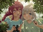  +_+ 2girls :o ;o ahoge binoculars blue_eyes blue_shirt blush braid breasts collarbone commentary_request dappled_sunlight green_shirt grey_hair hair_flaps highres holding holding_binoculars holding_magnifying_glass idolmaster idolmaster_shiny_colors komiya_kaho leaf magnifying_glass momomoi_momoi multiple_girls nature one_eye_closed open_mouth outdoors parted_lips red_eyes red_hair serizawa_asahi shirt short_hair sidelocks small_breasts sunlight topknot twin_braids upper_body 