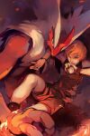  abstract_background blaziken blonde_hair dynamic_pose embers fire hand_on_another&#039;s_chest holding holding_poke_ball medium_hair poke_ball poke_ball_(basic) pokemon pokemon_(creature) red_eyes ruby_feather shorts signature smoke 