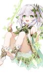  1girl absurdres ass bloomers dress feet foot_out_of_frame genshin_impact gradient_hair green_eyes green_hair hair_ornament highres knees_up leaf_hair_ornament legs long_hair looking_at_viewer misyune multicolored_hair nahida_(genshin_impact) no_shoes open_mouth pointy_ears short_dress side_ponytail sidelocks simple_background sitting sleeveless sleeveless_dress smile soles solo swing symbol-shaped_pupils toes very_long_hair white_background white_dress white_hair 