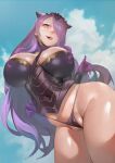  1girl absurdres adapted_costume armor bangs black_armor black_panties breasts cameltoe camilla_(fire_emblem) cleft_of_venus covered_nipples fire_emblem fire_emblem_fates groin hair_over_one_eye highres huge_breasts impossible_armor impossible_clothes large_breasts long_hair looking_at_viewer nipples panties partially_visible_vulva purple_eyes purple_hair solo spiralnoww1 thick_thighs thighs thong tongue tongue_out underwear very_long_hair wavy_hair wedgie wide_hips 