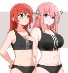  2girls ? amogan black_panties black_sports_bra blue_eyes bocchi_the_rock! breast_envy breasts cube_hair_ornament gotoh_hitori green_eyes hair_between_eyes hair_ornament hand_on_own_chest hand_on_own_hip highres kita_ikuyo large_breasts long_hair looking_at_another medium_support_(meme) meme multiple_girls navel one_side_up panties pink_hair red_hair simple_background small_breasts sports_bra tearing_up two-tone_background underwear 