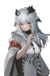  1girl absurdres arknights armband breasts bright_pupils dress grey_hair hair_ornament hand_up highres hood large_breasts long_hair long_sleeves looking_at_viewer mystery-s orange_eyes ptilopsis_(arknights) rhine_lab_logo simple_background solo white_dress white_pupils wide_sleeves 