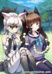  2girls aardwolf_(kemono_friends) aardwolf_ears aardwolf_girl aardwolf_print aardwolf_tail animal_ear_fluff animal_print aoi_momo bare_shoulders black_hair black_necktie black_shorts blush_stickers brown_hair collar collared_peccary_(kemono_friends) collared_shirt company_name copyright day elbow_gloves emanon123 extra_ears furrowed_brow gloves grass grey_eyes grey_hair hair_between_eyes hair_ornament high_ponytail holding kemono_friends kemono_friends_3 knees_up long_hair looking_at_another looking_at_object miniskirt multicolored_hair multiple_girls necktie official_art on_grass on_ground outdoors pantyhose pantyhose_under_shorts parted_lips print_gloves print_pantyhose print_shirt purple_shirt red_eyes second-party_source shirt short_shorts short_sleeves shorts sitting skirt sleeveless sleeveless_shirt smile striped thighhighs two-tone_hair vertical_stripes wariza wing_collar zettai_ryouiki 