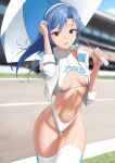  1girl absurdres bikini blue_hair blurry breasts brown_eyes cowboy_shot cropped_jacket depth_of_field hairband highleg highleg_bikini highres idolmaster idolmaster_million_live! jacket kisaragi_chihaya kodeyu long_hair race_queen road small_breasts solo swimsuit thighhighs turtleneck umbrella white_bikini white_hairband white_jacket white_thighhighs 