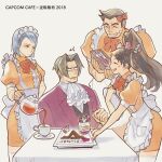  2boys 2girls ace_attorney ace_attorney_investigations alternate_costume apron ascot bangs black_hair blue_eyes blue_hair bow brown_hair closed_eyes closed_mouth coffee_beans_(5offee8eans) crossdressing cup dick_gumshoe dress enmaided food franziska_von_karma frilled_apron frills grey_hair hair_bow hair_intakes hair_ornament high_ponytail holding holding_teapot jacket kay_faraday long_hair long_sleeves maid maid_headdress miles_edgeworth mole mole_under_eye multiple_boys multiple_girls official_alternate_costume open_mouth orange_dress pink_jacket plate ponytail pouring puffy_short_sleeves puffy_sleeves red_bow shirt short_hair short_sleeves smile surprised teapot tray waist_apron white_apron white_shirt 