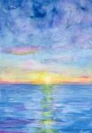  amima_amita blue_sky highres horizon morning no_humans ocean original painting_(medium) scenery sky sun sunrise traditional_media water watercolor_(medium) 
