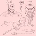  1_eye abs bottomwear clawed_fingers claws clothing cyclops demon demon_humanoid earhole electricity electricity_manipulation elemental_manipulation energy_beam falchion group hammer hi_res horn horned_humanoid humanoid lightning loincloth long_tongue male melee_weapon muscular muscular_male open_mouth polearm sharp_teeth side_view smile solo spear spikes teeth toe_claws tongue tools trashmen uvula weapon 